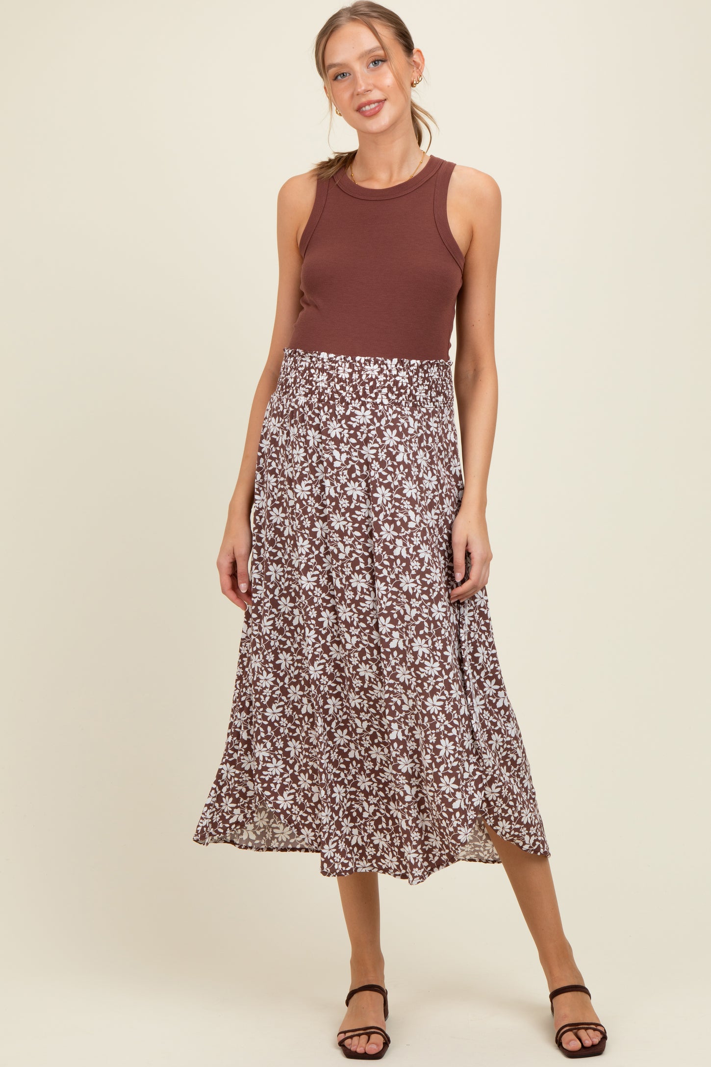Brown Floral Smocked Waist Side Slit Maternity Skirt