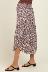 Brown Floral Smocked Waist Side Slit Maternity Skirt