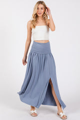 Light Blue Foldover Waist Side Slit Maxi Skirt