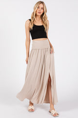 Beige Foldover Waist Side Slit Maternity Maxi Skirt