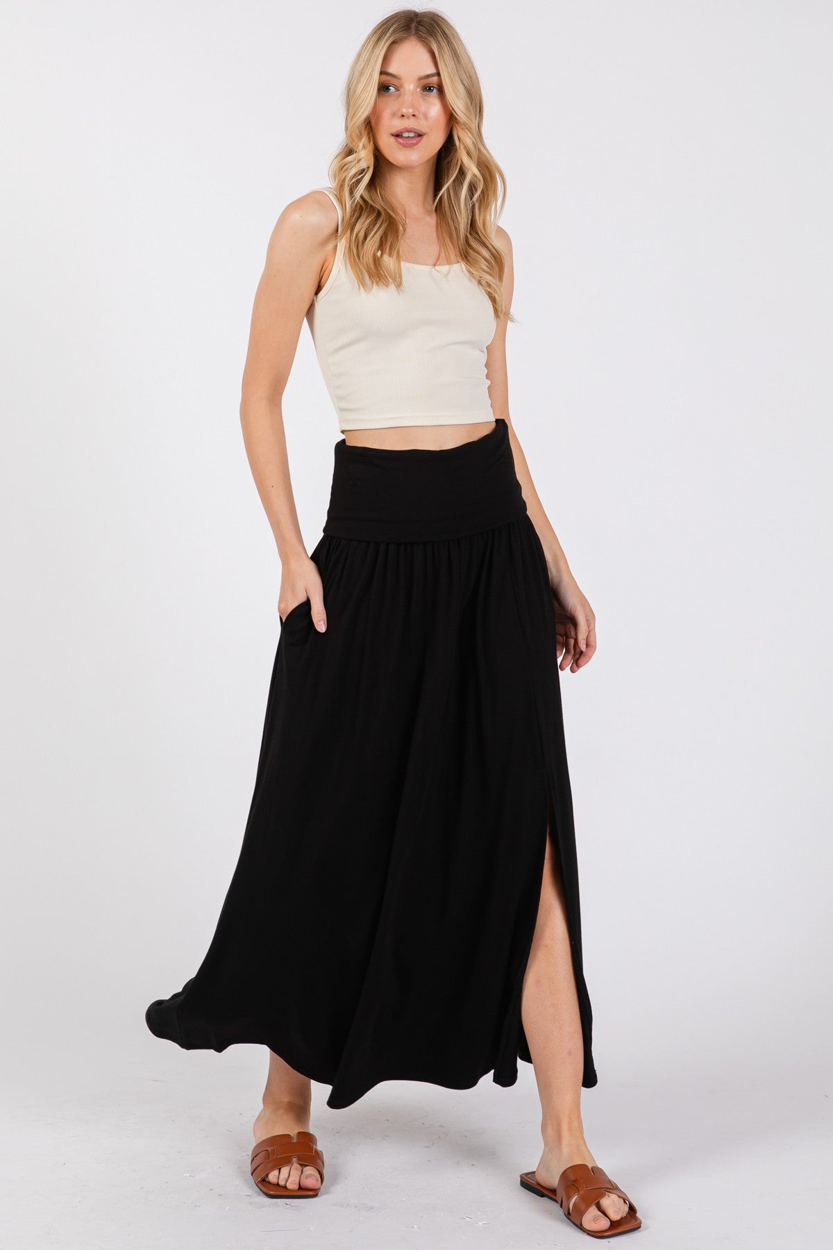 Black Foldover Waist Side Slit Maxi Skirt