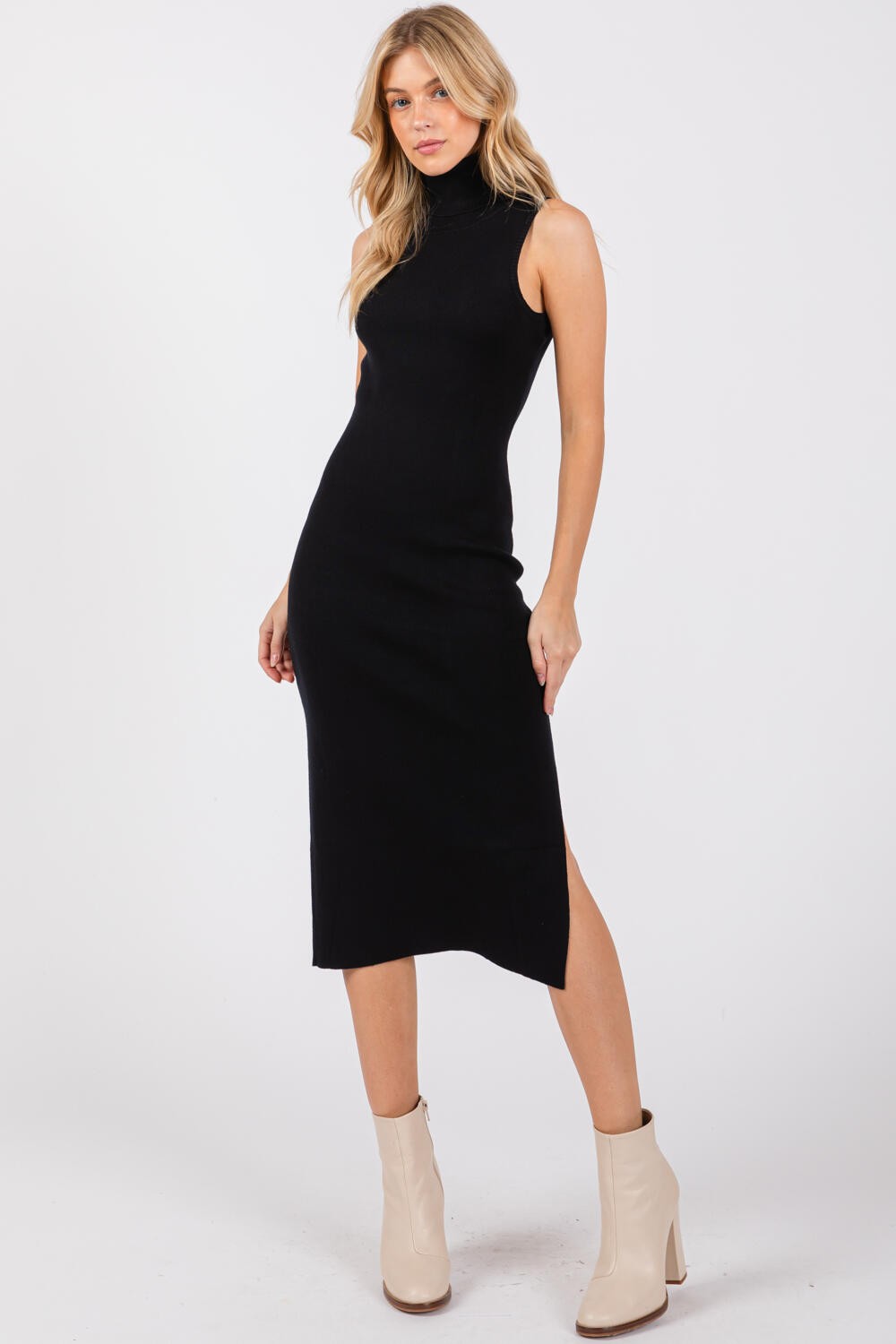 Black Knit Turtleneck Sleeveless Side Slit Midi Dress