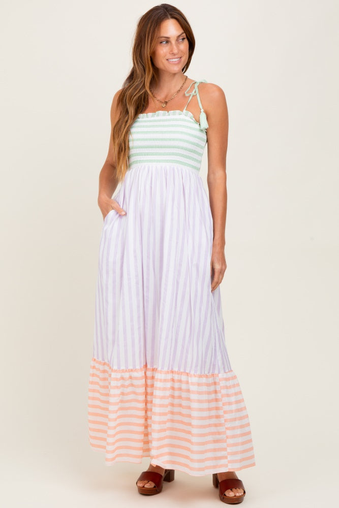 Lavender Multi-Color Striped Color Block Shoulder Tie Maternity Maxi Dress