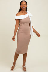 Beige Colorblock One Shoulder Draped Midi Dress