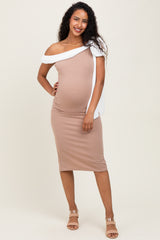 Beige Colorblock One Shoulder Draped Maternity Midi Dress