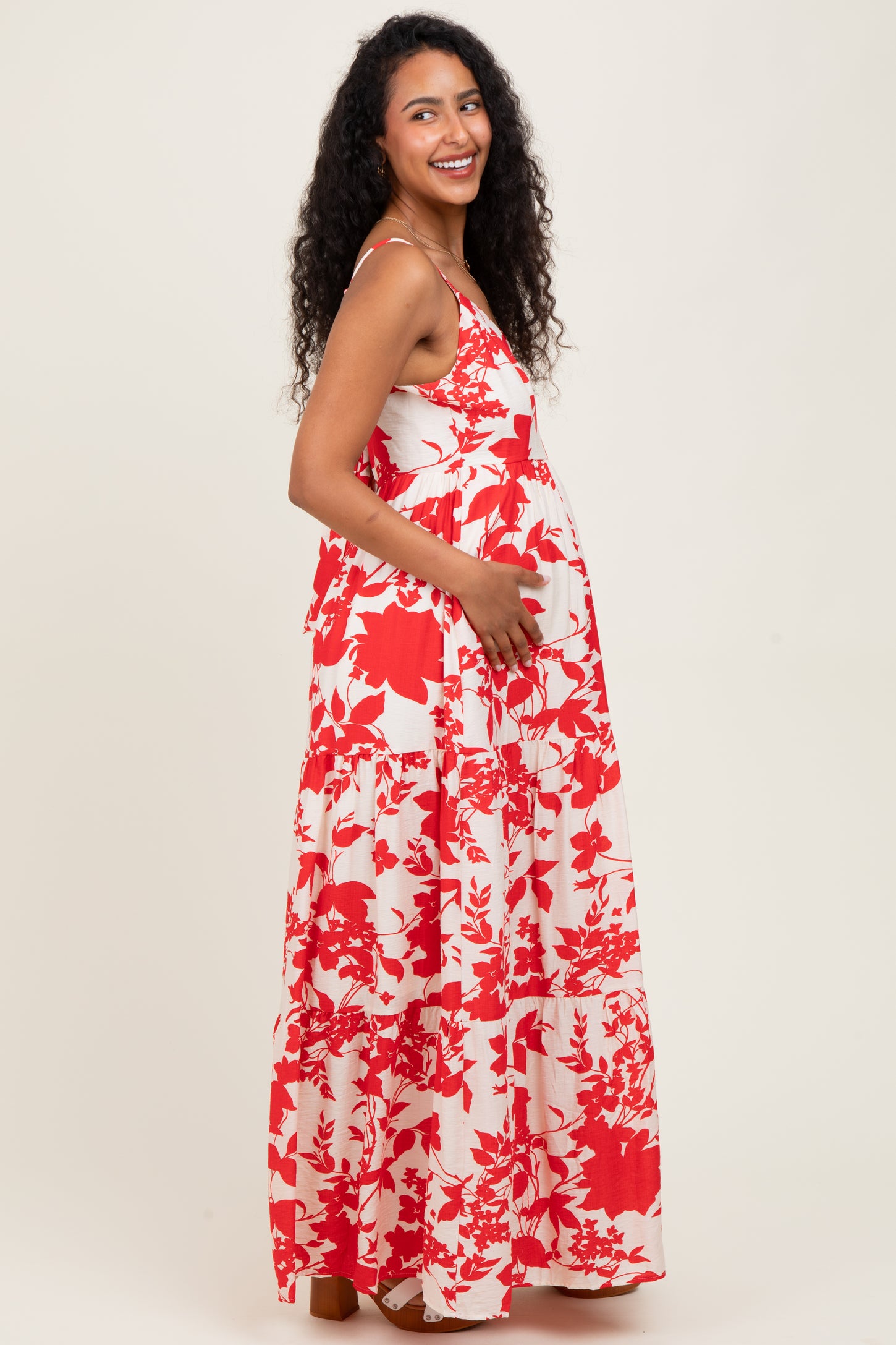 Red Floral Cutout Tie Back Maternity Maxi Dress