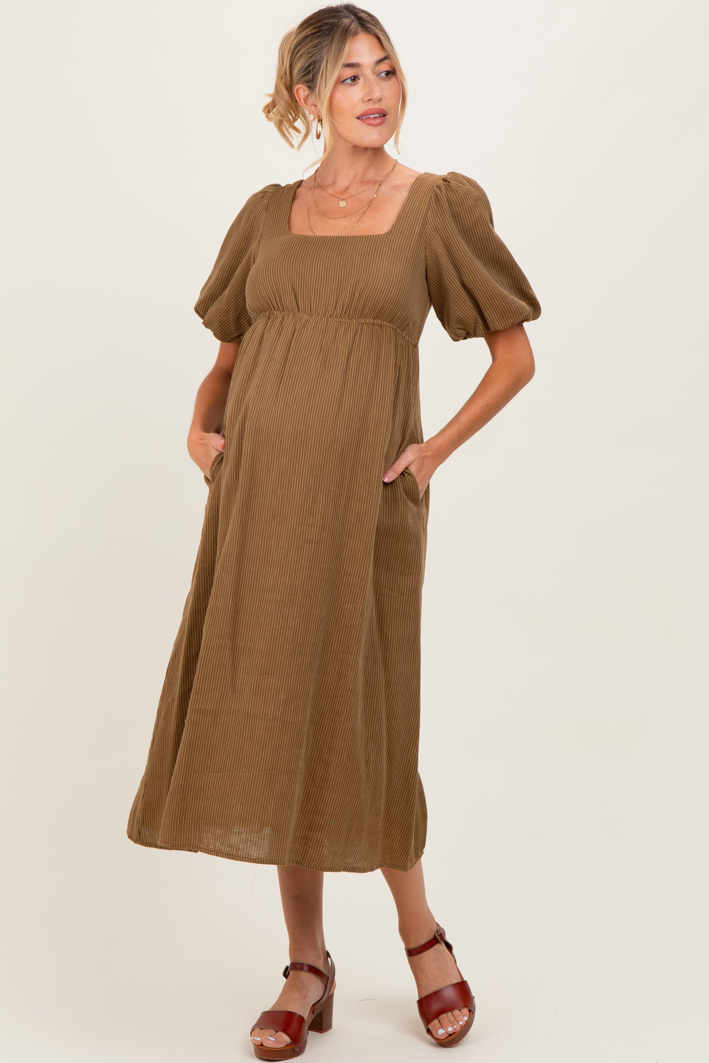 Camel Ribbed Puff Sleeve Tie Back Maternity Midi Dress