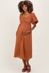 Rust Ribbed Puff Sleeve Tie Back Maternity Midi Dress