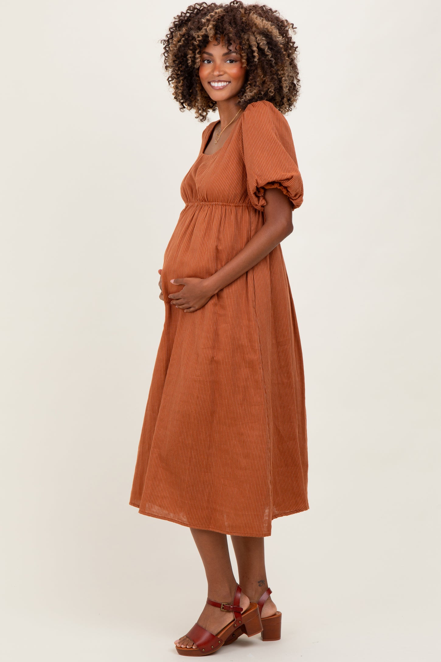 Rust Ribbed Puff Sleeve Tie Back Maternity Midi Dress