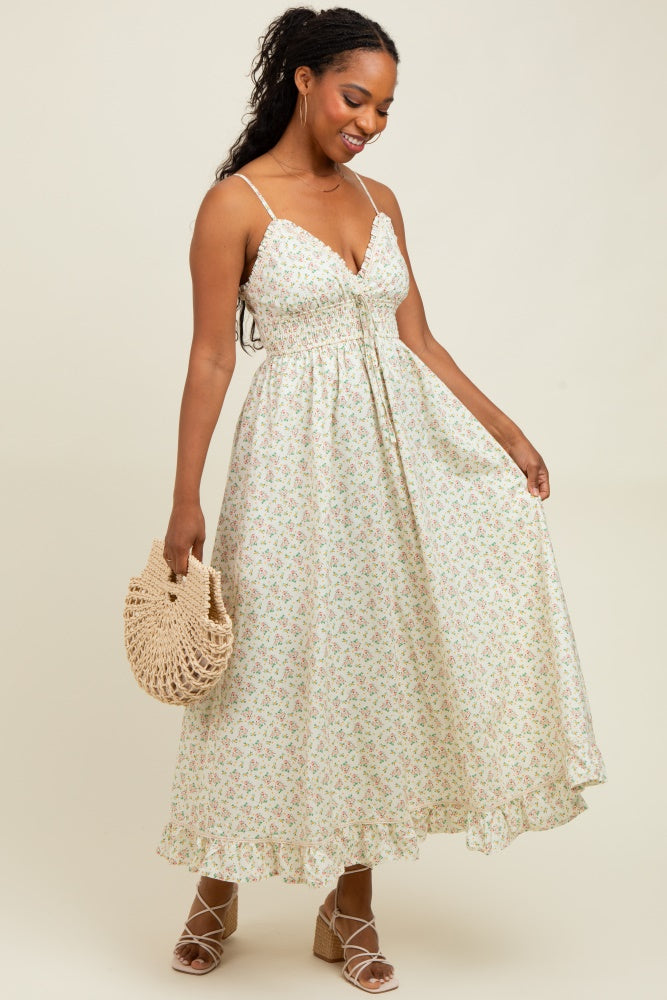 Pink Floral Smocked Waist Ruffle Accent Midi Dress