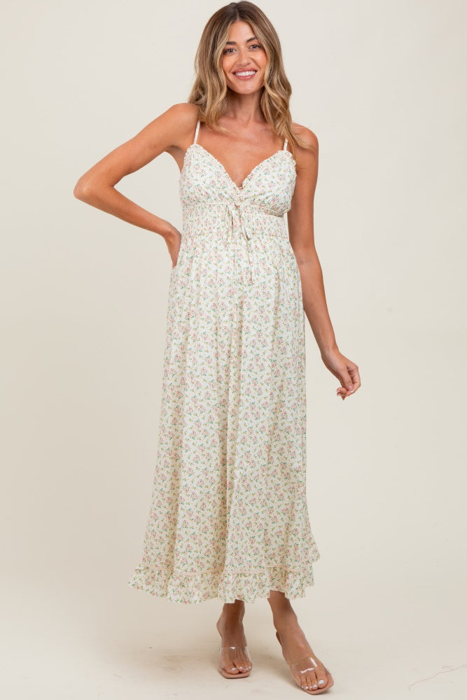 Pink Floral Smocked Waist Ruffle Accent Maternity Midi Dress