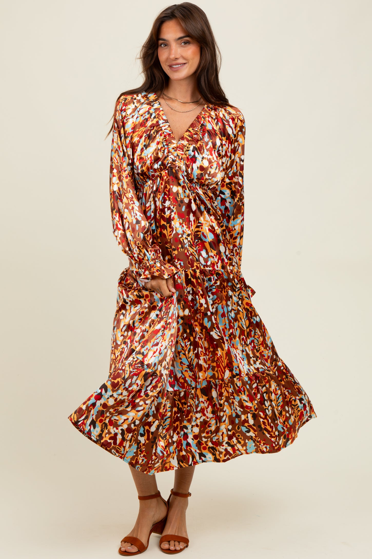 Mocha Multi Color Satin V-Neck Long Sleeve Maxi Dress