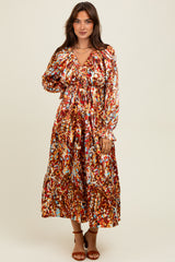 Mocha Multi Color Satin V-Neck Long Sleeve Maxi Dress
