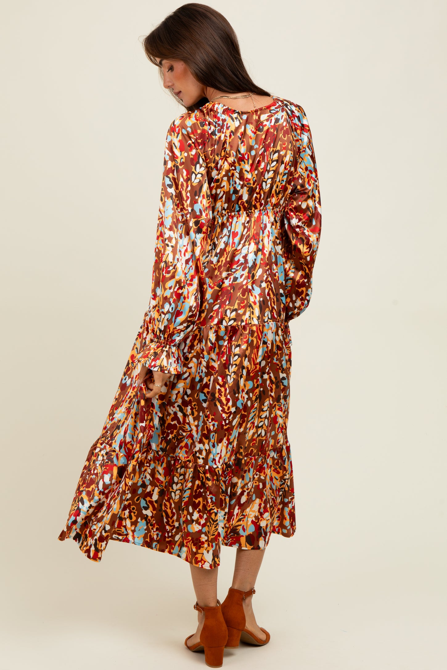 Mocha Multi Color Satin V-Neck Long Sleeve Maxi Dress