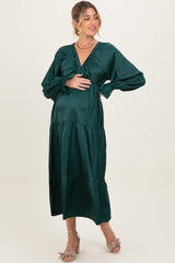 Hunter Green Solid V-Neck Satin Long Sleeve Maternity Maxi Dress
