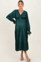 Hunter Green Solid V-Neck Satin Long Sleeve Maternity Maxi Dress