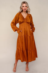 Rust Solid V-Neck Satin Long Sleeve Maternity Maxi Dress