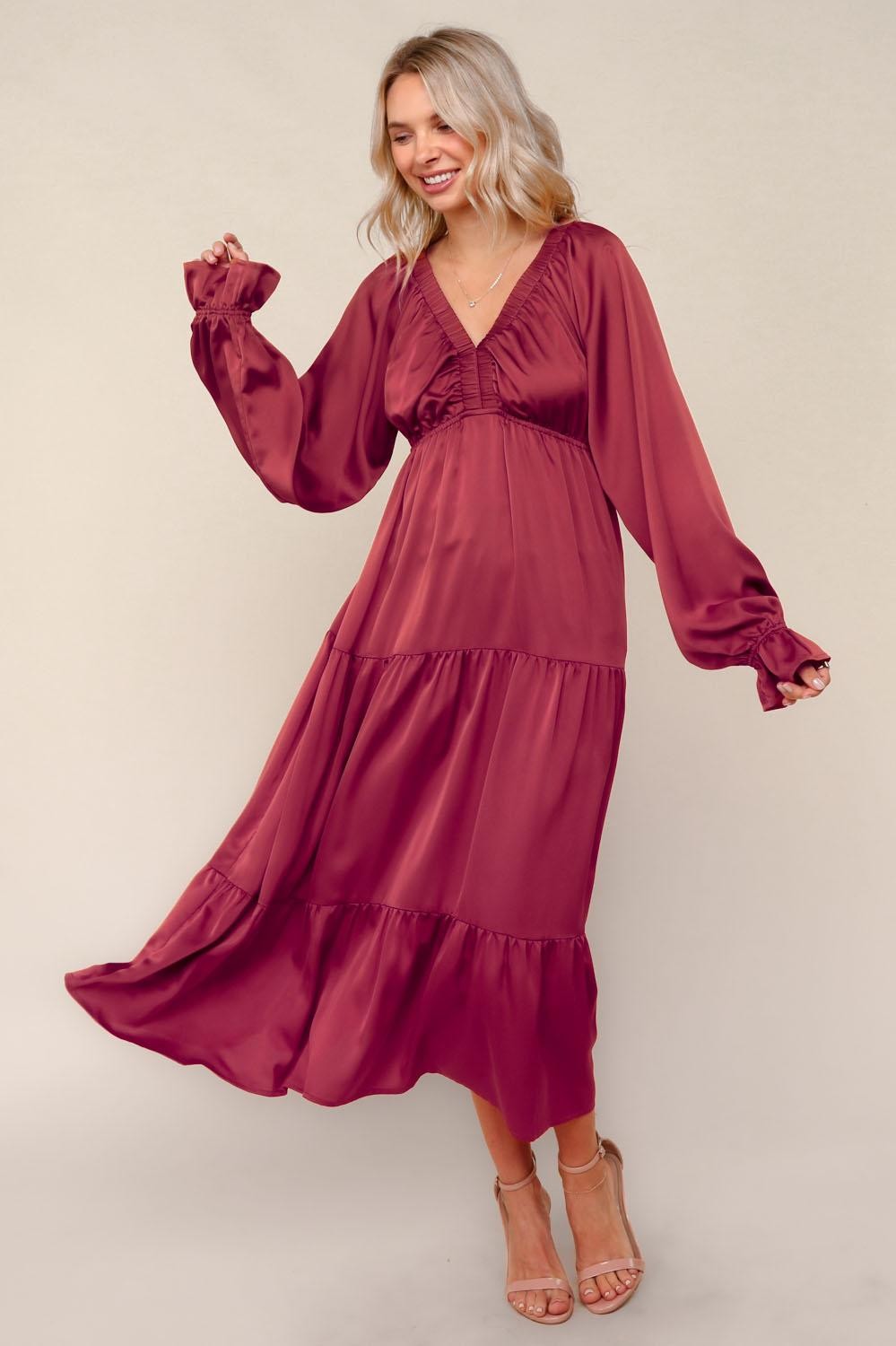 Burgundy Solid V-Neck Satin Long Sleeve Maxi Dress
