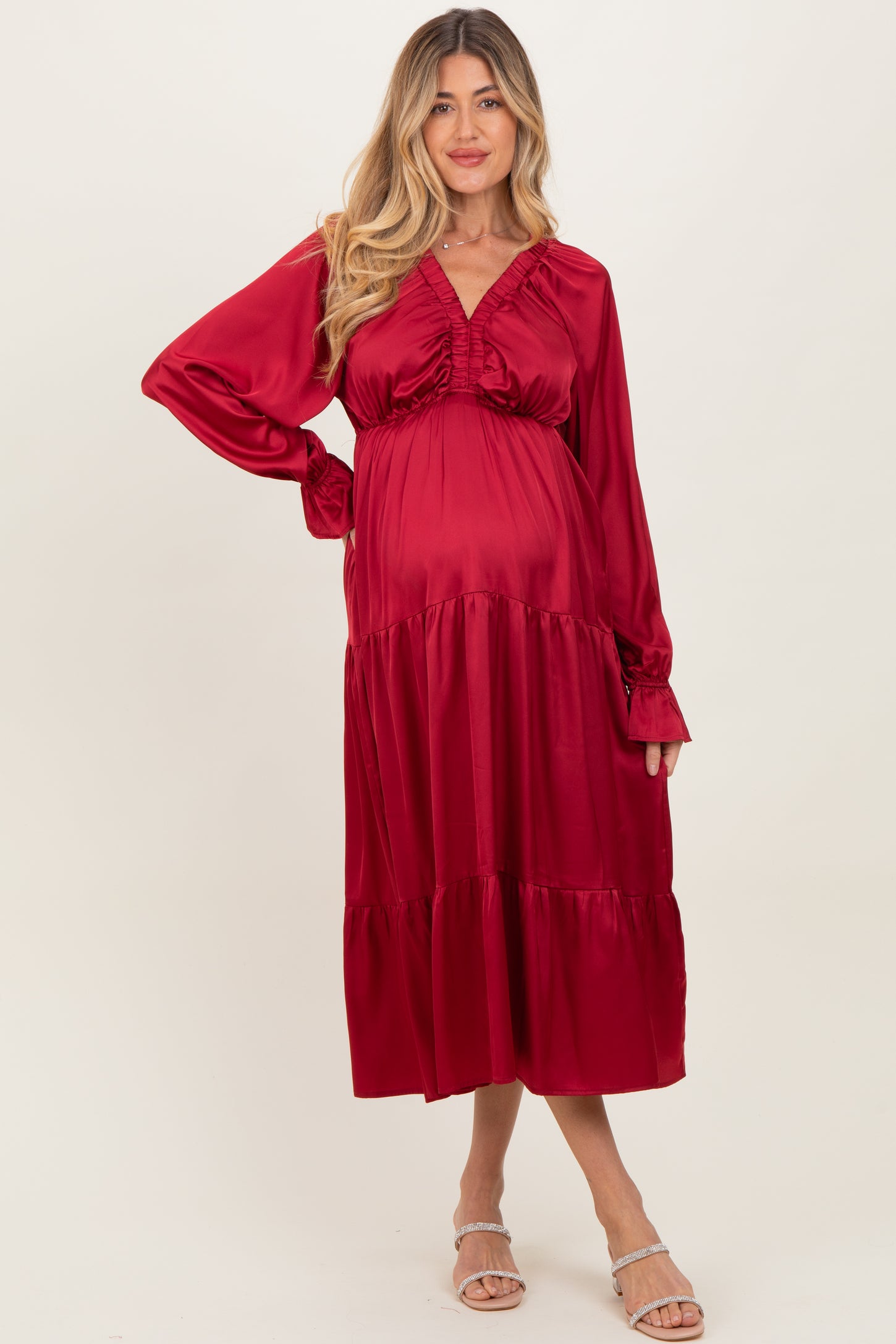 Burgundy Solid V-Neck Satin Long Sleeve Maternity Maxi Dress