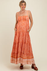Orange Border Print Sleeveless Maternity Maxi Dress