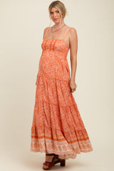 Orange Border Print Sleeveless Maternity Maxi Dress