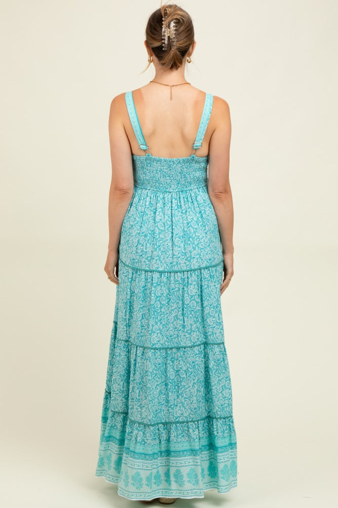 Aqua Border Print Sleeveless Maternity Maxi Dress