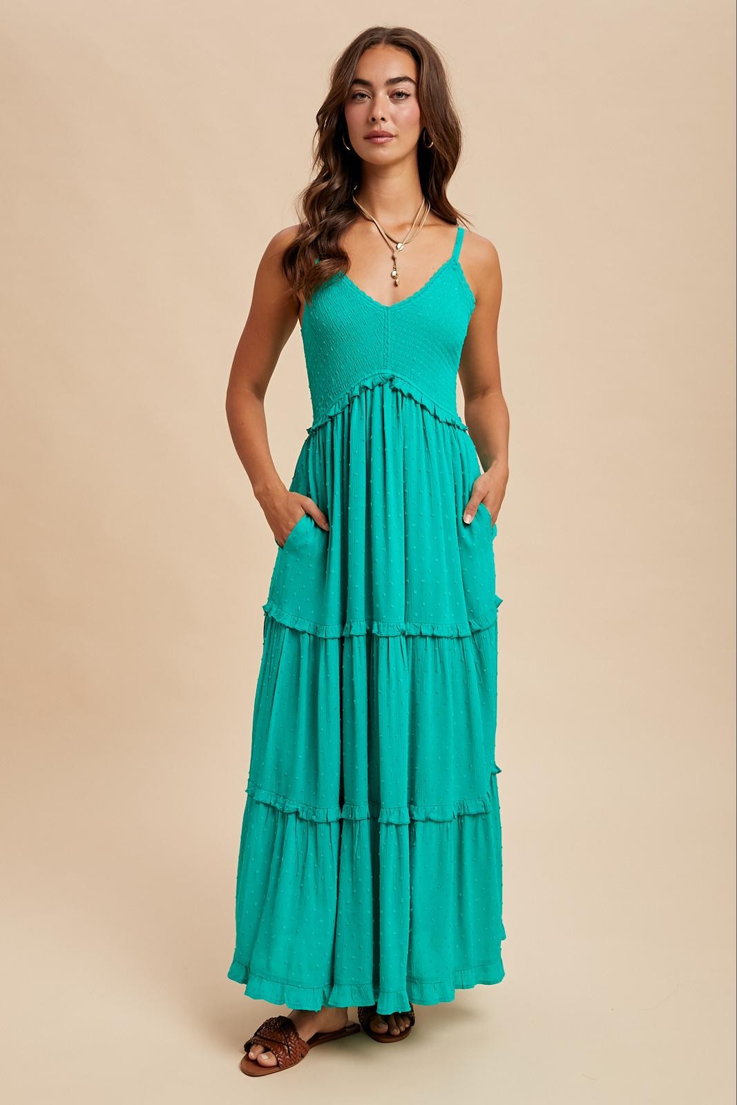 Emerald Swiss Dot Smocked Sleeveless Maternity Maxi Dress