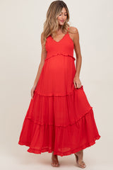 Red Swiss Dot Smocked Sleeveless Maternity Maxi Dress