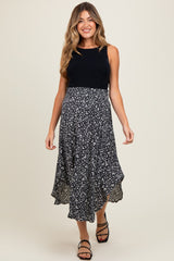 Black Floral Smocked Waist Round Hem Maternity Midi Skirt