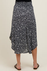 Black Floral Smocked Waist Round Hem Maternity Midi Skirt