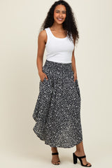 Black Floral Smocked Waist Round Hem Midi Skirt