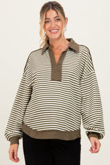 Olive Striped Oversized Collared Pullover Maternity Top