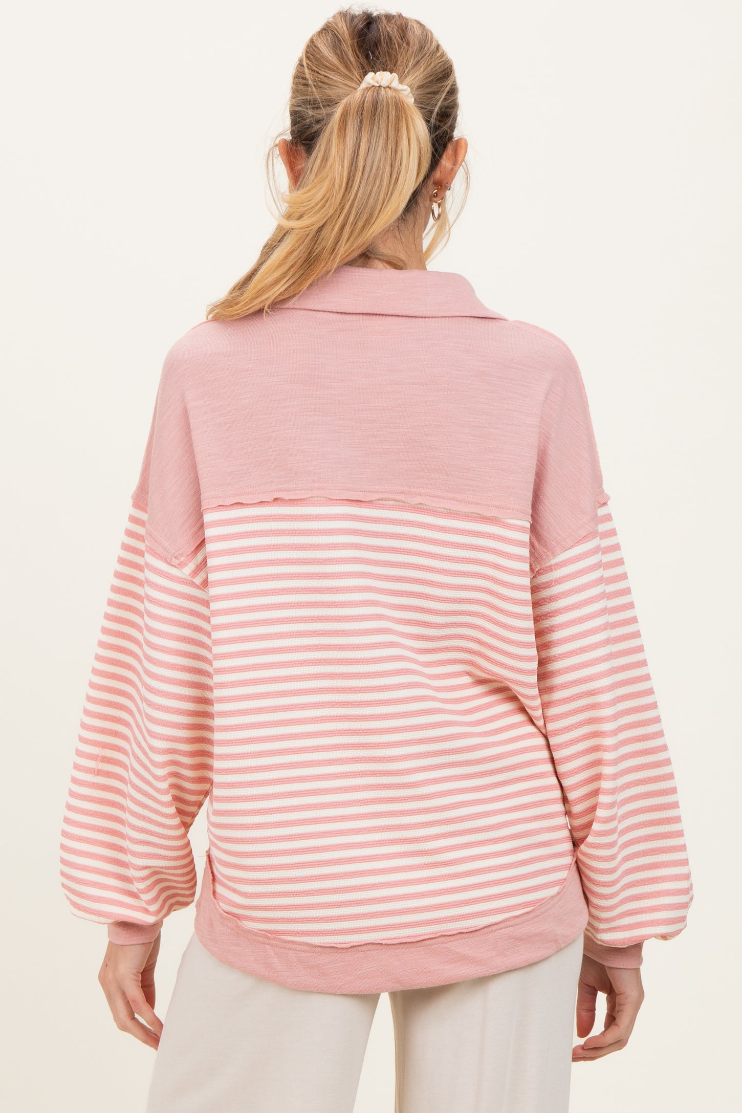 Mauve Striped Oversized Collared Pullover Maternity Top