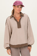 Mocha Striped Oversized Collared Pullover Maternity Top