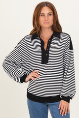 Black Striped Oversized Collared Pullover Maternity Top