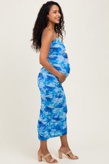Blue Rose Floral Mesh Sleeveless Ruched Maternity Dress
