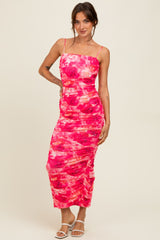 Fuchsia Rose Floral Mesh Sleeveless Ruched Maternity Dress
