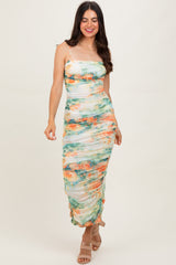 Green Watercolor Floral Mesh Ruched Sleeveless Dress