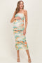 Green Watercolor Floral Mesh Ruched Sleeveless Maternity Dress