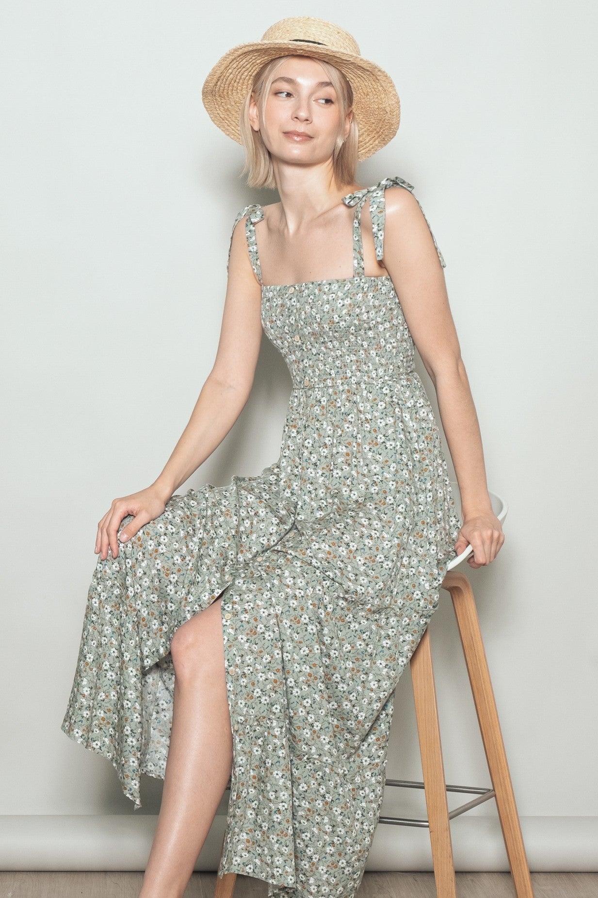 Light Olive Floral Button Down Shoulder Tie Maxi Dress