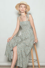 Light Olive Floral Button Down Shoulder Tie Maxi Dress