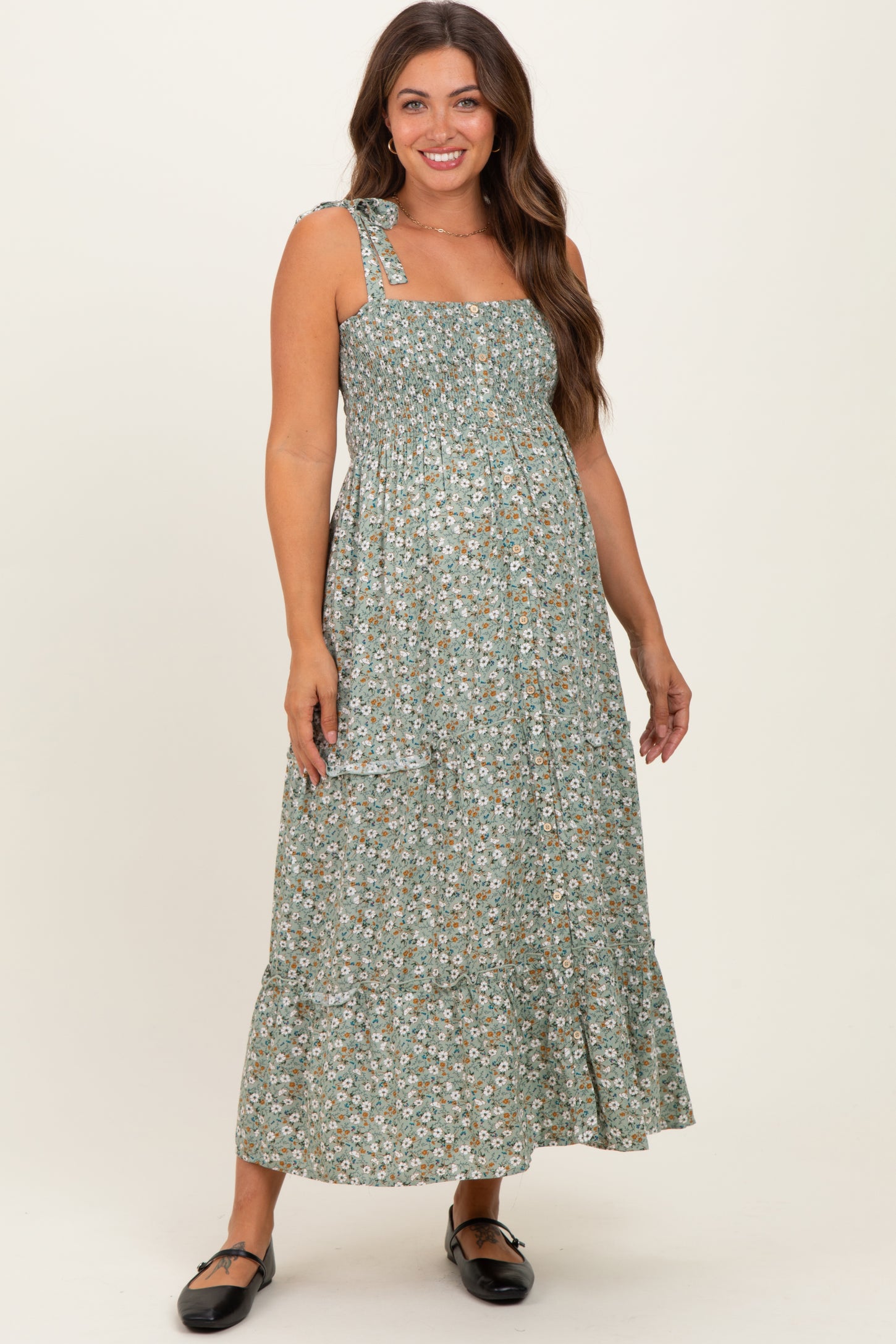 Light Olive Floral Button Down Shoulder Tie Maternity Maxi Dress