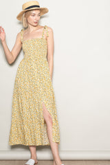 Yellow Floral Button Down Shoulder Tie Maxi Dress