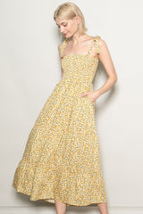 Yellow Floral Button Down Shoulder Tie Maxi Dress