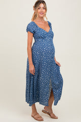 Blue Printed Button Accent Puff Sleeve Maternity Midi Dress