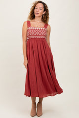 Rust Embroidered Sleeveless Midi Dress