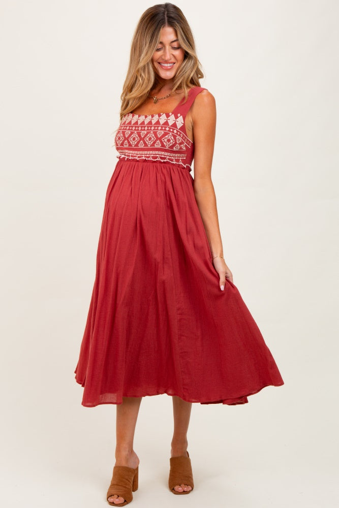 Rust Embroidered Sleeveless Maternity Midi Dress