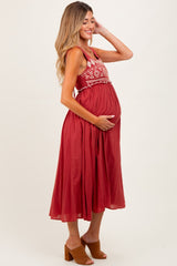 Rust Embroidered Sleeveless Maternity Midi Dress