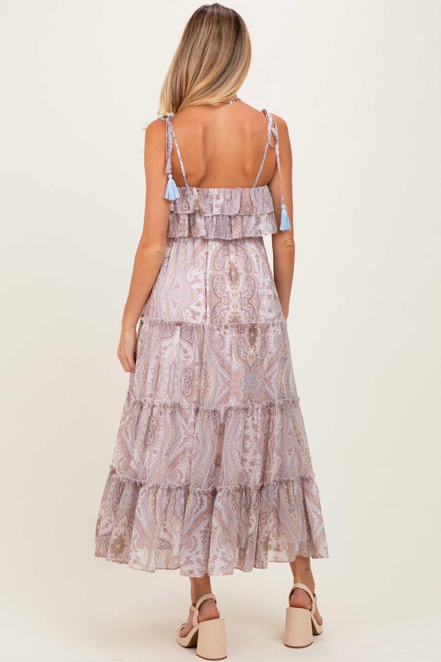 Beige Paisley Ruffle Tiered Shoulder Tie Maternity Maxi Dress