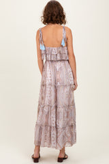Beige Paisley Ruffle Tiered Shoulder Tie Maxi Dress